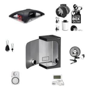 B2B Set Basic - Komplette Grow Box Set mit LED GENT 100 W Beleuchtung,Mechanical Timer Socker, mechanisch Schaltuhr, Thermo-Hygrometer, GENT Clip Fan und weiterem Zubehör in den Maßen 60x60x160 cm.
