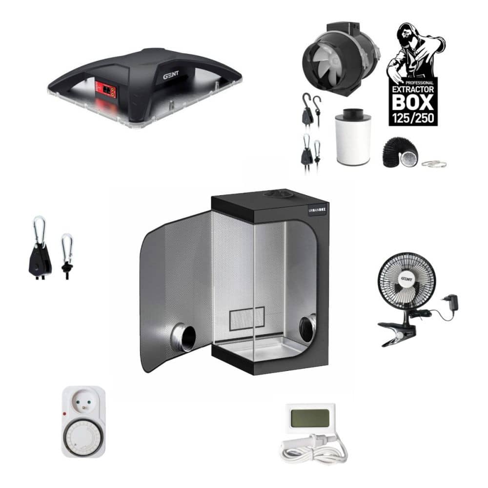 B2B Set Basic - Komplette Grow Box Set mit LED GENT 100 W Beleuchtung,Mechanical Timer Socker, mechanisch Schaltuhr, Thermo-Hygrometer, GENT Clip Fan und weiterem Zubehör in den Maßen 60x60x160 cm.